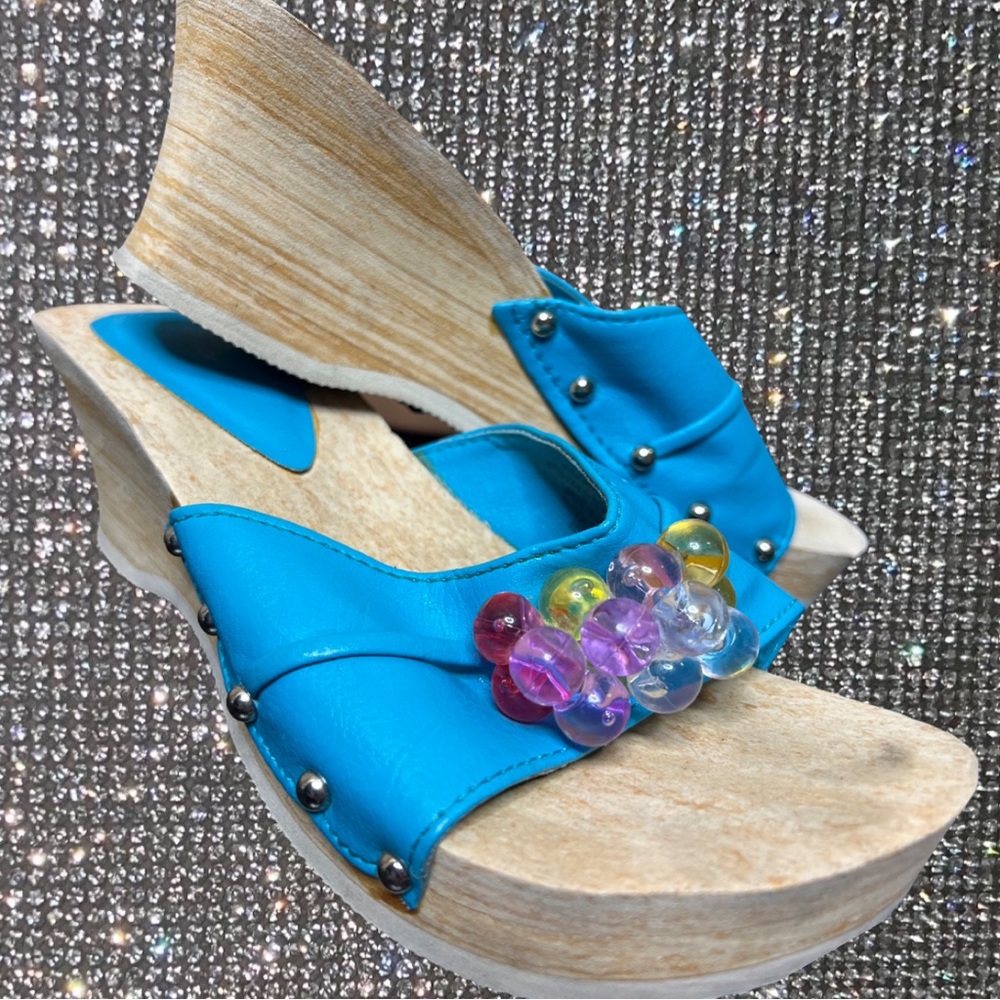 Bubblegum sandals vintage 80s 90s blue studded wedge heeled slides blue y2k - Picture 4 of 10